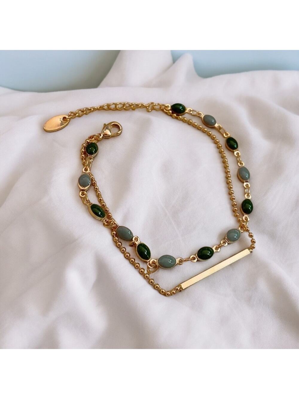 NEW 18K yellow gold plated double layer bar green bead bracelet jewelry B19A